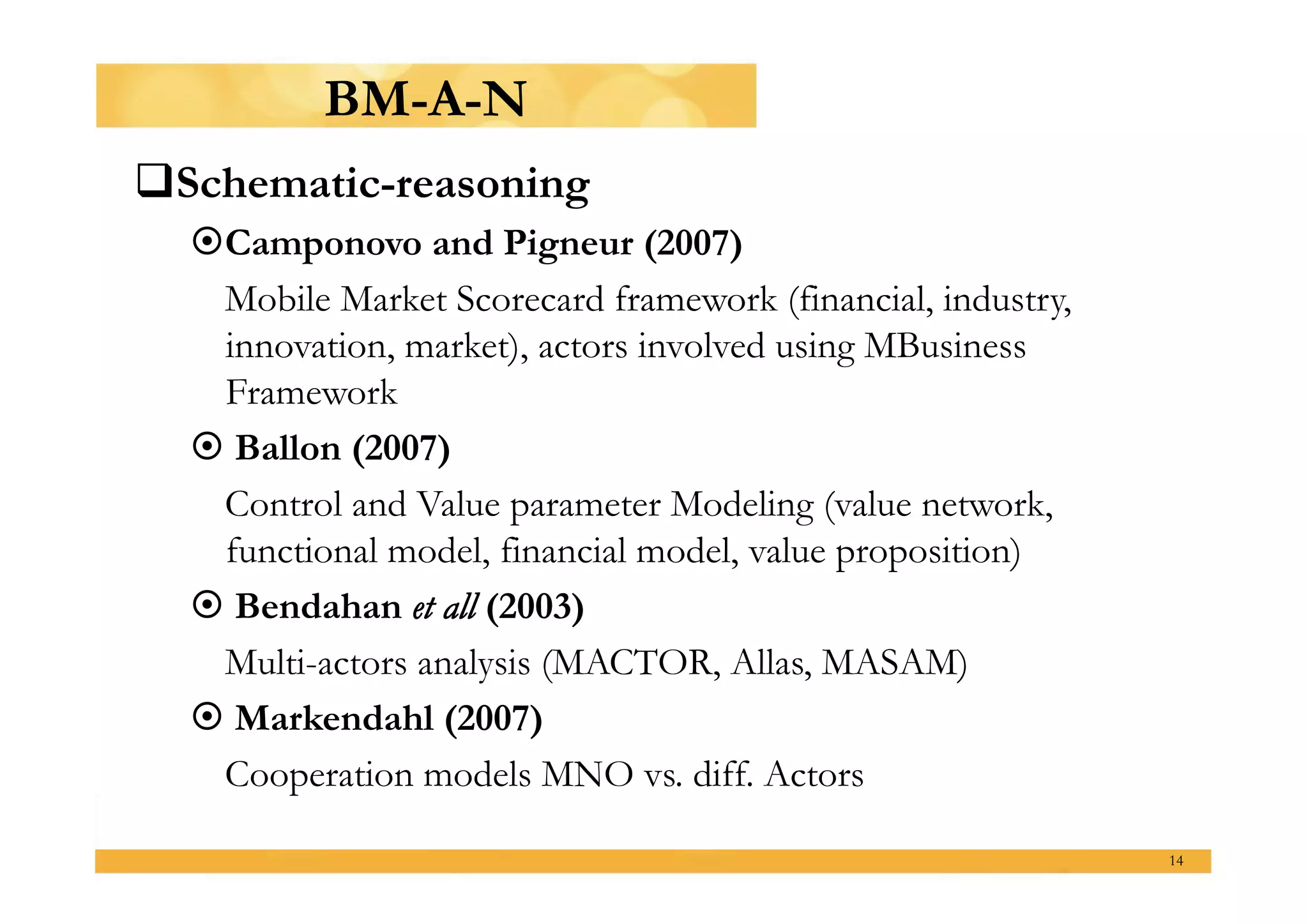 BM-A-N
  chematic-reasoning
 S
    amponovo and Pigneur (2007)
   C
   Mobile Market Scorecard framework (financial, industry,
   innovation, market), actors involved using MBusiness
   Framework
   Ballon (2007)
   Control and Value parameter Modeling (value network,
   functional model, financial model, value proposition)
   Bendahan et all (2003)
   Multi-actors analysis (MACTOR, Allas, MASAM)
   Markendahl (2007)
   Cooperation models MNO vs. diff. Actors

                                                             14
 