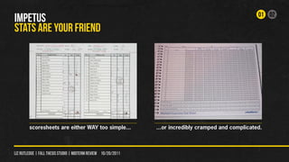01 02
IMPETUS
STATS ARE YOUr FRIEND




        scoresheets are either WAY too simple...                ...or incredibly cramped and complicated.



liz rutledge | fall thesis studio | MIDTERM REVIEW 10/20/2011
 