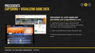 01 02 03
PRECEDENTS
CAPTURING + VISUALIZING GAME DATA
                                                                PRECEDENT 02: DATA HANDLERS
                                                                Sportability and LeagueAthletics.com
                                                                // web-based sports league administration
                                                                services to facilitate running a league, promoting
                                                                your team, and scheduling games, etc.

                                                                // adds social element to team and game data

                                                                // full-size web browser interface for easy data
                                                                entry




liz rutledge | fall thesis studio | MIDTERM REVIEW 10/20/2011
 