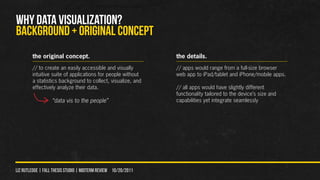 WHY DATA VISUALIZATION?
Background + original concept
        the original concept.                                   the details.
        // to create an easily accessible and visually          // apps would range from a full-size browser
        intuitive suite of applications for people without      web app to iPad/tablet and iPhone/mobile apps.
        a statistics background to collect, visualize, and
        effectively analyze their data.                         // all apps would have slightly different
                                                                functionality tailored to the device’s size and
                   “data vis to the people”                     capabilities yet integrate seamlessly




liz rutledge | fall thesis studio | MIDTERM REVIEW 10/20/2011
 