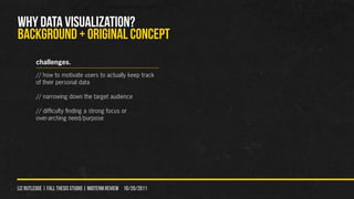 WHY DATA VISUALIZATION?
Background + original concept
        challenges.
        // how to motivate users to actually keep track
        of their personal data

        // narrowing down the target audience

        // difficulty finding a strong focus or
        over-arching need/purpose




liz rutledge | fall thesis studio | MIDTERM REVIEW 10/20/2011
 