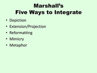 Marshall’s
       Five Ways to Integrate
•   Depiction
•   Extension/Projection
•   Reformatting
•   Mimicry
•   Metaphor
 