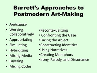 Barrett’s Approaches to
    Postmodern Art-Making
• Jouissance
• Working           •Recontexualizing
  Collaboratively   • Confronting the Gaze
• Appropriating     •Facing the Abject
• Simulating        •Constructing Identities
• Hybridizing       •Using Narratives
• Mixing Media      •Creating Metaphors
• Layering          •Irony, Parody, and Dissonance
• Mixing Codes
 