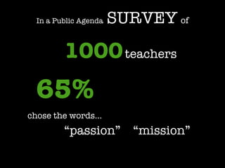 1000   teachers 65%   F chose the words…   “ passion”  “mission” In a Public Agenda   SURVEY   of 