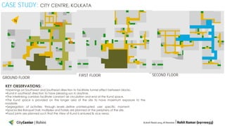 CASE STUDY: CITY CENTRE, KOLKATA
N

GROUND FLOOR
KEY OBSERVATIONS:

FIRST FLOOR

•Openings on Southwest and Southeast direction to facilitate tunnel effect between blocks.
•Kund in southeast direction to have pleasing sun in daytime.
•The interlinking corridors facilitate constant air circulation and end at the Kund space.
•The Kund space is provided on the longer axia of the site to have maximum exposure to the
roadside.
•Segregation of activities through levels ,define uninterrupted user specific moment.
•Spaces like Banquet hall, multiplex and hotels are planned at the periphery of the site.
•Food joints are planned such that the View of Kund is ensured & vice versa.

SECOND FLOOR

 