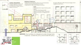 MINIMALIST APPROACH
LOUNGE/ RESTAURANTS:
• Clean and clear façade without any ornamentation
•Double heighted outdoor sitting • Simple square opening depicts function
•Catered with view of kund
• Implication of mild colors breaks monotony
•Contributed to height hierarchy
KUND:
•Breaks monotony
•Accessible from major intensity public
region
•Provides physiological relief
•Breaks continues traffic movement
•Breaks monotony of heighted built
space

Air gets reflected within the kund region from
heighted built forms .

SECTION

6m

SERVICES : Four numbers of underground water storage tanks
Capacity : 2.5 lakh litrs (2 no.) And 4.5 lakh litrs (2no.)

Plan
showing
section
line

4m

Detail of corridors

 