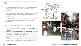 AIM
•

To create a space which can form the node for holding
and experiencing commercial, cultural and social
activities.

•

It is in a way a hybrid between a Convention centre or a
Cultural hub and a Commercial centres at a much
reduced scale.

•

As a City Centre requires to incorporate the demands
the present demography asks for commercial and
Cultural Hub.

ARCHITECTURAL CHALLENGES OF THE PROJECT:
•
•
•
•

To explore the symbiotic character of COMMERCE and
CULTURE.
Explore the inter-relationships of the spaces and the
challenges of disparities cause by design which restrict
spaces to particular segment of public .
To evolve a contemporary model of conventional Indian
market.
The project would try to explore the possible integration
of the functions which usually exist at larger distances

CONVETIONAL MARKET

+

CULTURE

CONTEMPORARY

 