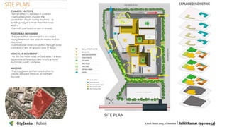 SITE PLAN
CLIMATIC FACTORS
-Tunnel effect is created in corridor.
-The building form shades the
pedestrian streets during daytime , as
building height is more than the road
width.
-Central courtyard remain in shade.
PEDESTRIAN MOVEMENT
-The pedestrian movement is accessed
along tree main axis and via metro station
also road.
-Comfortable inner circulation through wide
corridors of 4m. At ground and 1st floors.
VEHICULAR MOVEMENT
- As site has main road on four sides it is easy
to provide different access to office hotel
and main public complex.
MASSING
-The staggered pattern is adopted to
create stepped terraces at northern
façade

 