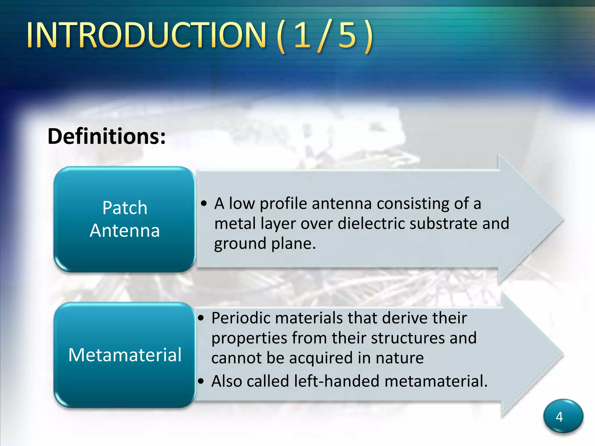 Definitions:
• Periodic materials that derive their
properties from their structures and
cannot be acquired in nature
• Also called left-handed metamaterial.
Metamaterial
• A low profile antenna consisting of a
metal layer over dielectric substrate and
ground plane.
Patch
Antenna
4
 