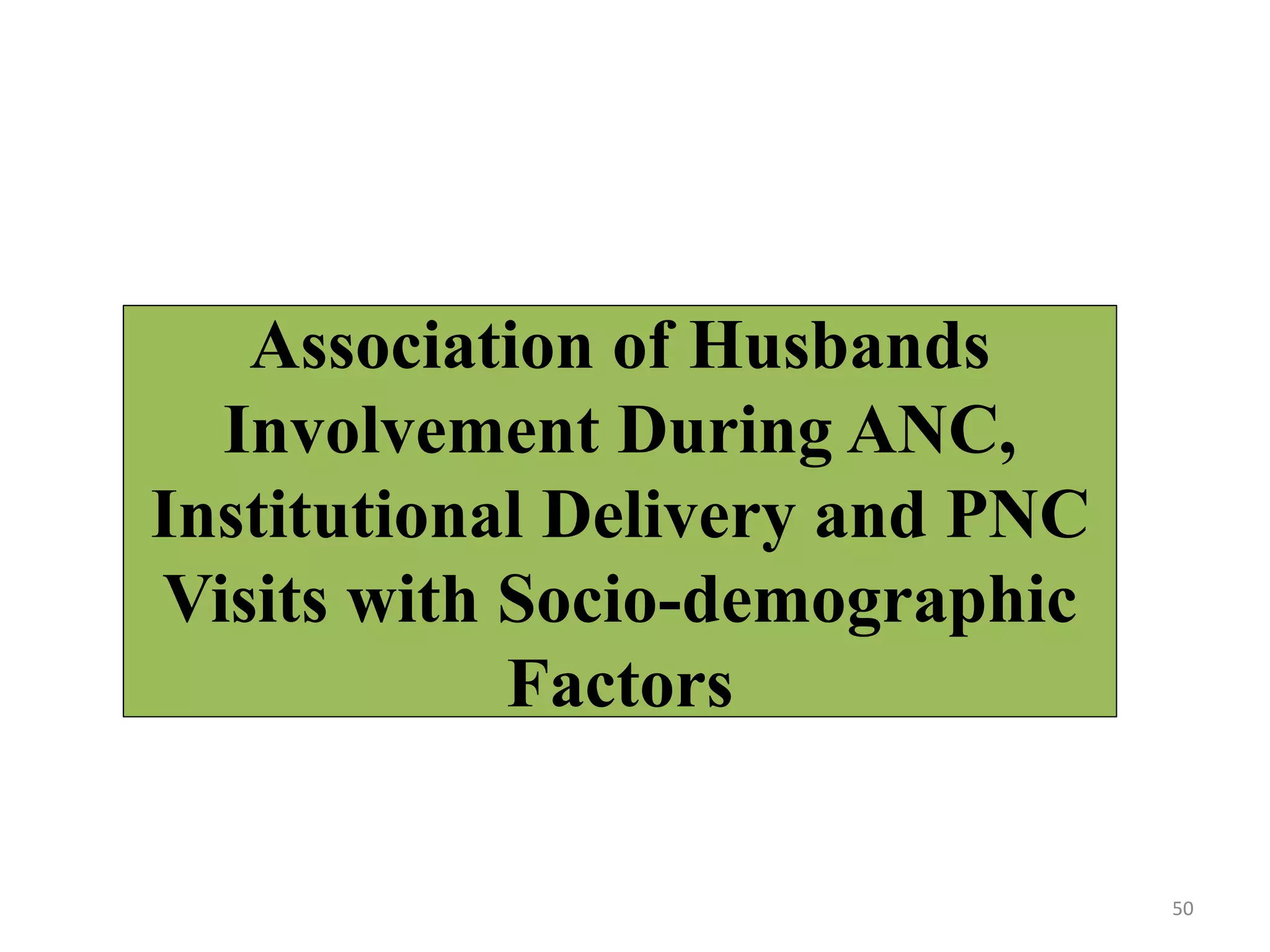 Association of Husbands
Involvement During ANC,
Institutional Delivery and PNC
Visits with Socio-demographic
Factors
50
 