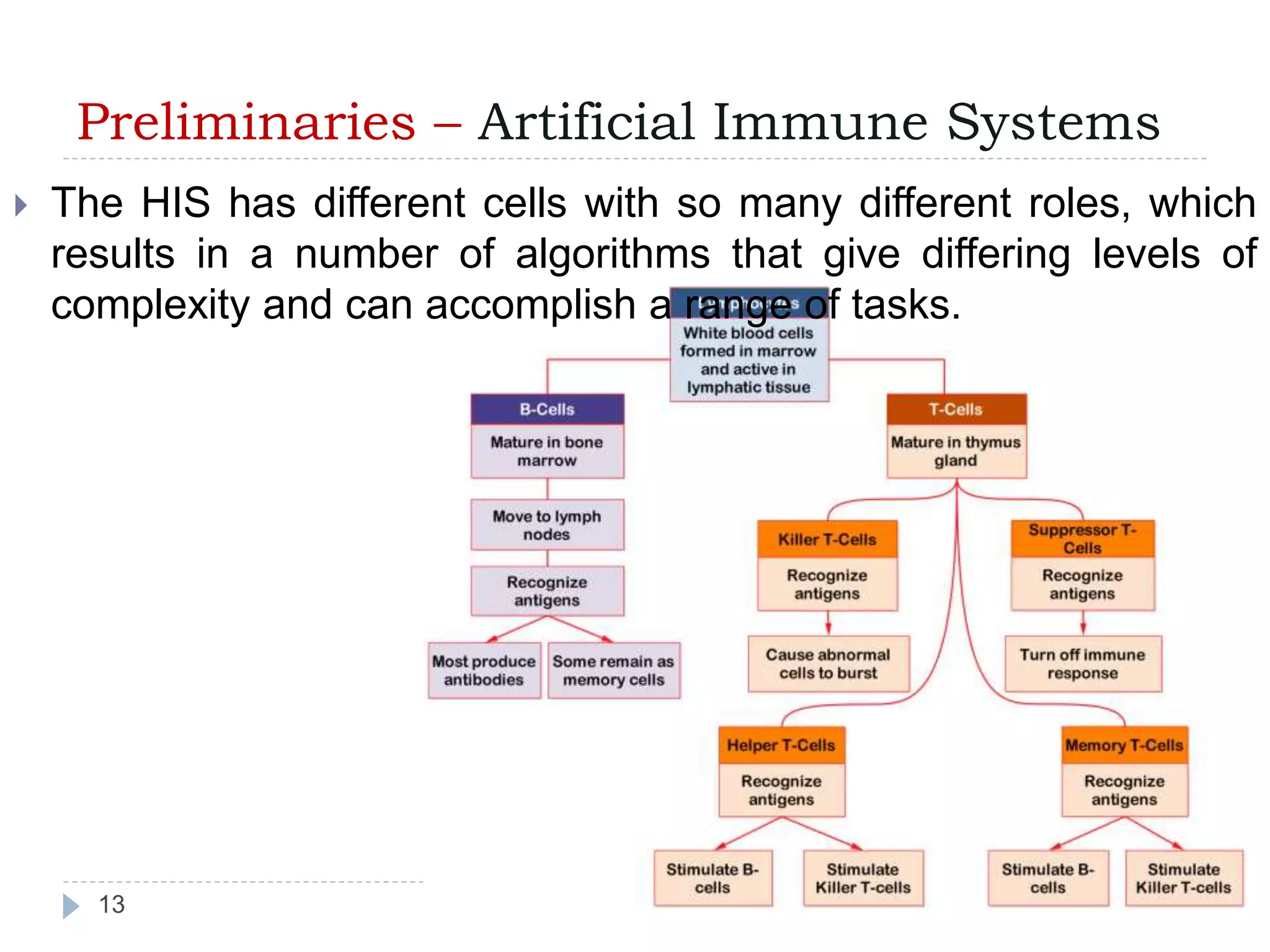 Preliminaries – Artificial Immune Systems 
 The HIS has different cells with so many different roles, which 
results in a number of algorithms that give differing levels of 
complexity and can accomplish a range of tasks. 
13 
 