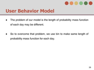 User Behavior Model
● The problem of our model is the length of probability mass function
of each day may be different.
● So to overcome that problem, we use bin to make same length of
probability mass function for each day.
28
 