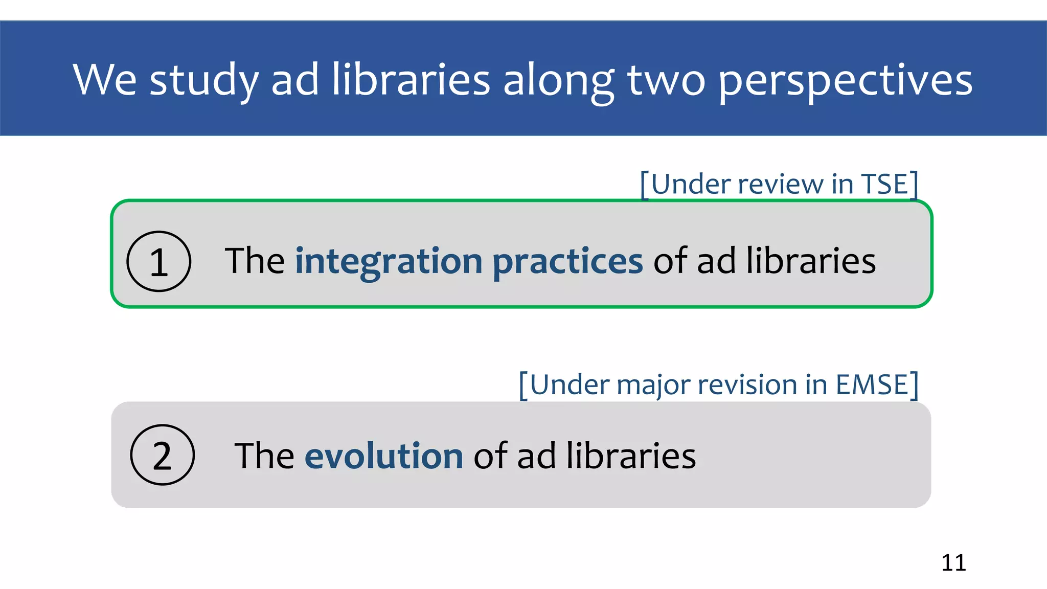 We study ad libraries along two perspectives
11
The integration practices of ad libraries1
The evolution of ad libraries2
[Under review in TSE]
[Under major revision in EMSE]
 