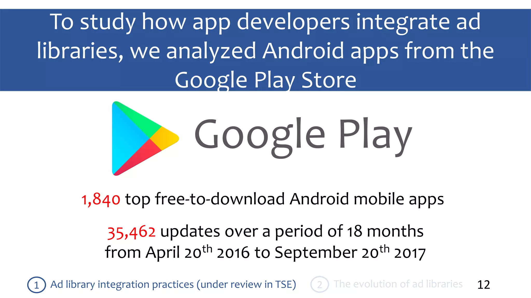 To study how app developers integrate ad
libraries, we analyzed Android apps from the
Google Play Store
12
Google Play
1,840 top free-to-download Android mobile apps
35,462 updates over a period of 18 months
from April 20th 2016 to September 20th 2017
Ad library integration practices (under review in TSE)1 The evolution of ad libraries2
 