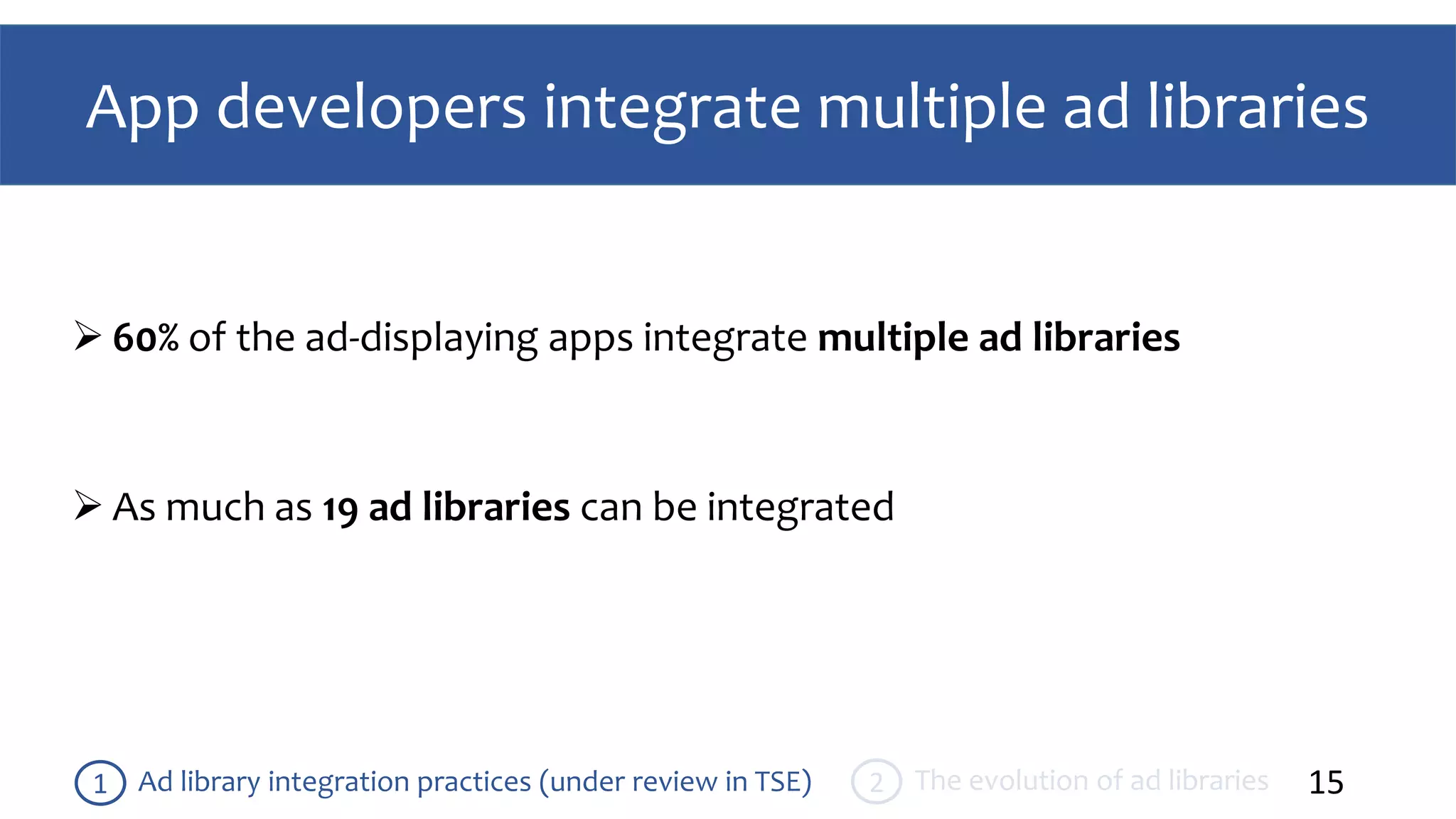 App developers integrate multiple ad libraries
15Ad library integration practices (under review in TSE)1 The evolution of ad libraries2
 As much as 19 ad libraries can be integrated
 60% of the ad-displaying apps integrate multiple ad libraries
 