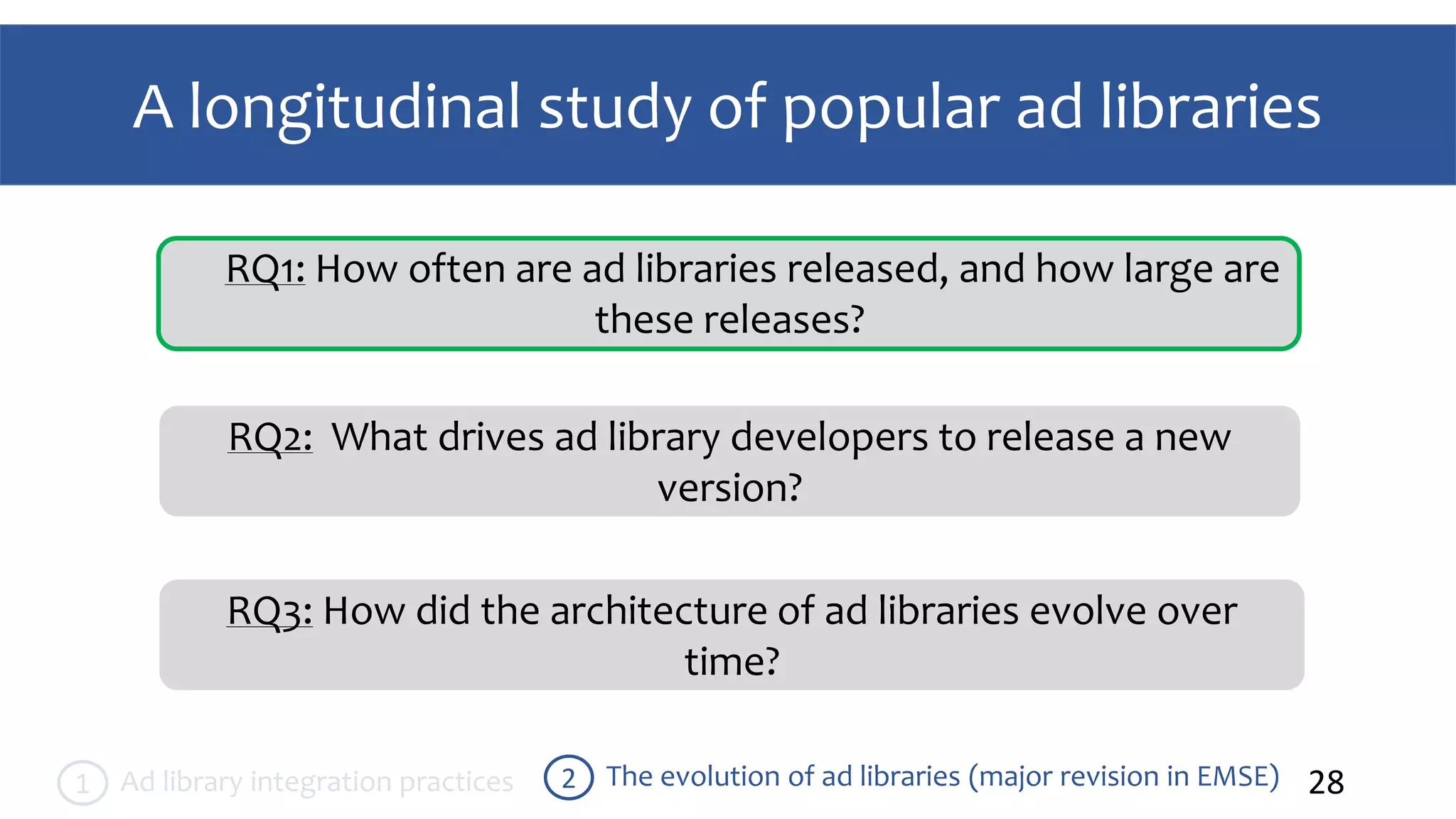 A longitudinal study of popular ad libraries
28The evolution of ad libraries (major revision in EMSE)2Ad library integration practices1
RQ1: How often are ad libraries released, and how large are
these releases?
RQ2: What drives ad library developers to release a new
version?
RQ3: How did the architecture of ad libraries evolve over
time?
 