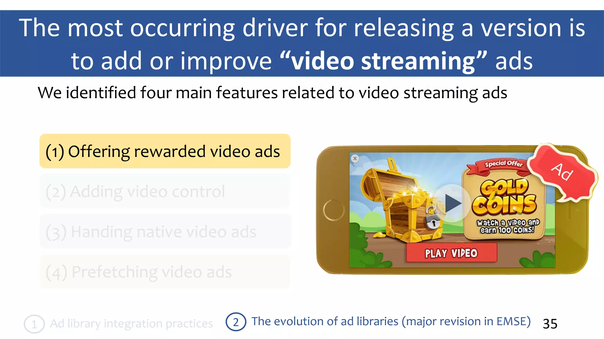 The most occurring driver for releasing a version is
to add or improve “video streaming” ads
35The evolution of ad libraries (major revision in EMSE)2Ad library integration practices1
We identified four main features related to video streaming ads
(1) Offering rewarded video ads
(2) Adding video control
(3) Handing native video ads
(4) Prefetching video ads
 