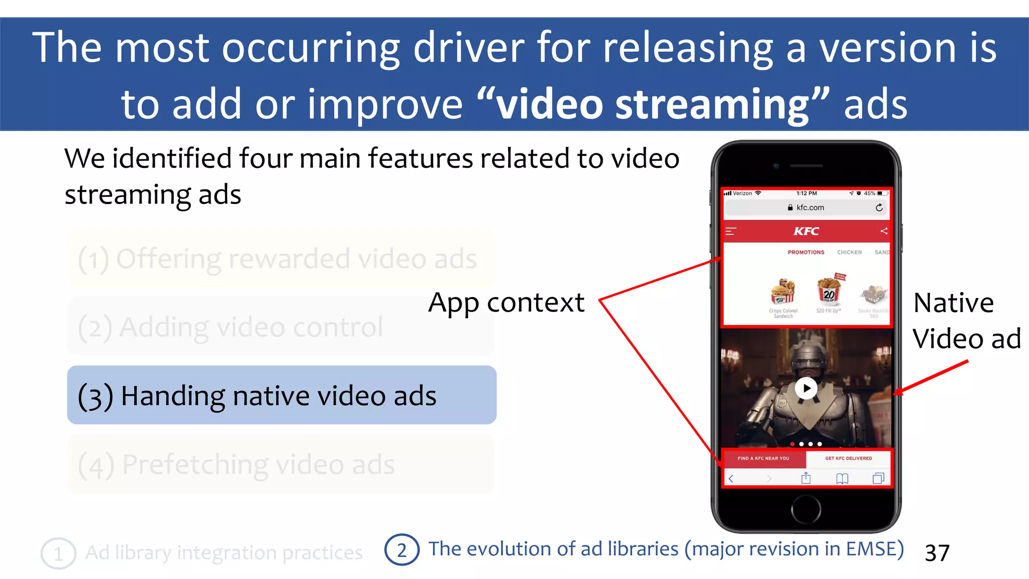 The most occurring driver for releasing a version is
to add or improve “video streaming” ads
37The evolution of ad libraries (major revision in EMSE)2Ad library integration practices1
We identified four main features related to video
streaming ads
(1) Offering rewarded video ads
(2) Adding video control
(3) Handing native video ads
(4) Prefetching video ads
App context Native
Video ad
 