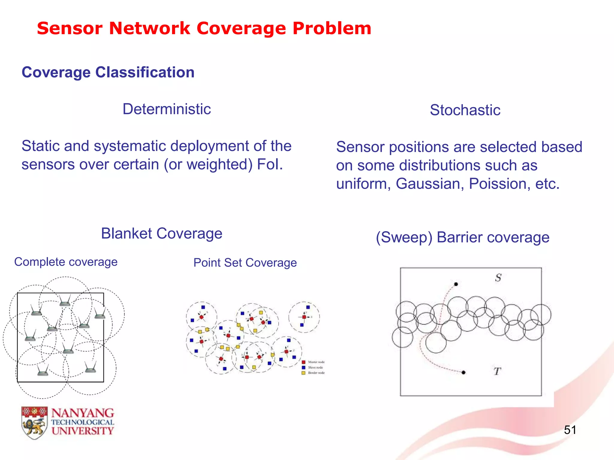 51
(Sweep) Barrier coverageBlanket Coverage
Point Set CoverageComplete coverage
Coverage Classification
Deterministic
Static and systematic deployment of the
sensors over certain (or weighted) FoI.
Sensor Network Coverage Problem
Stochastic
Sensor positions are selected based
on some distributions such as
uniform, Gaussian, Poission, etc.
 