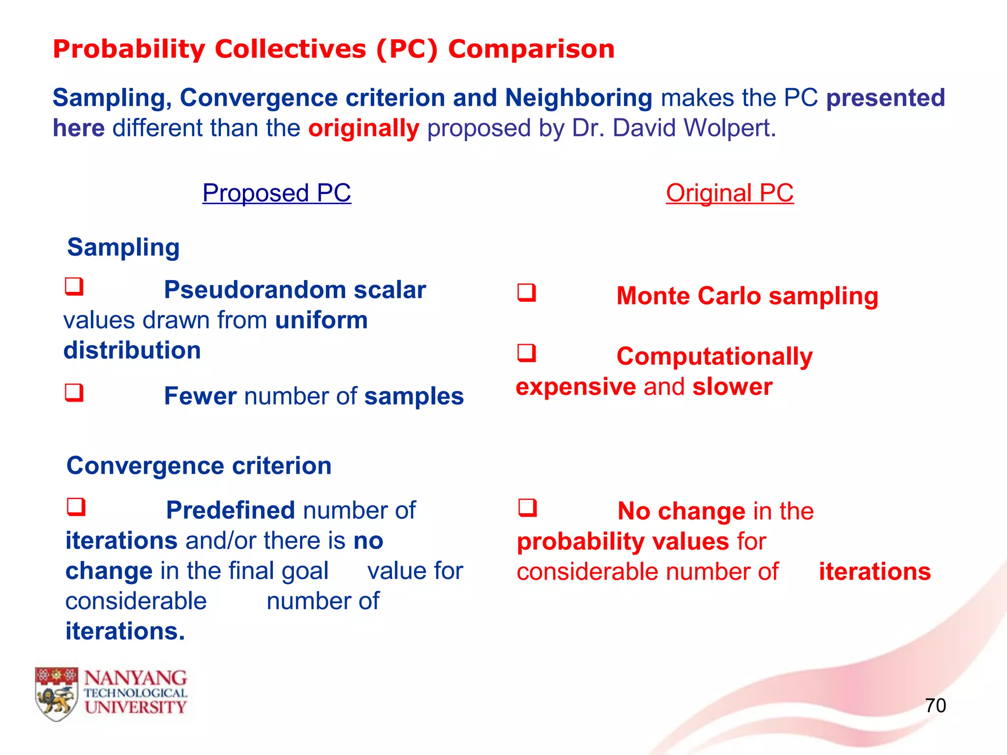 70
Probability Collectives (PC) Comparison
Sampling, Convergence criterion and Neighboring makes the PC presented
here different than the originally proposed by Dr. David Wolpert.
Proposed PC Original PC
Sampling
 Pseudorandom scalar
values drawn from uniform
distribution
 Fewer number of samples
 Monte Carlo sampling
 Computationally
expensive and slower
Convergence criterion
 Predefined number of
iterations and/or there is no
change in the final goal value for
considerable number of
iterations.
 No change in the
probability values for
considerable number of iterations
 
