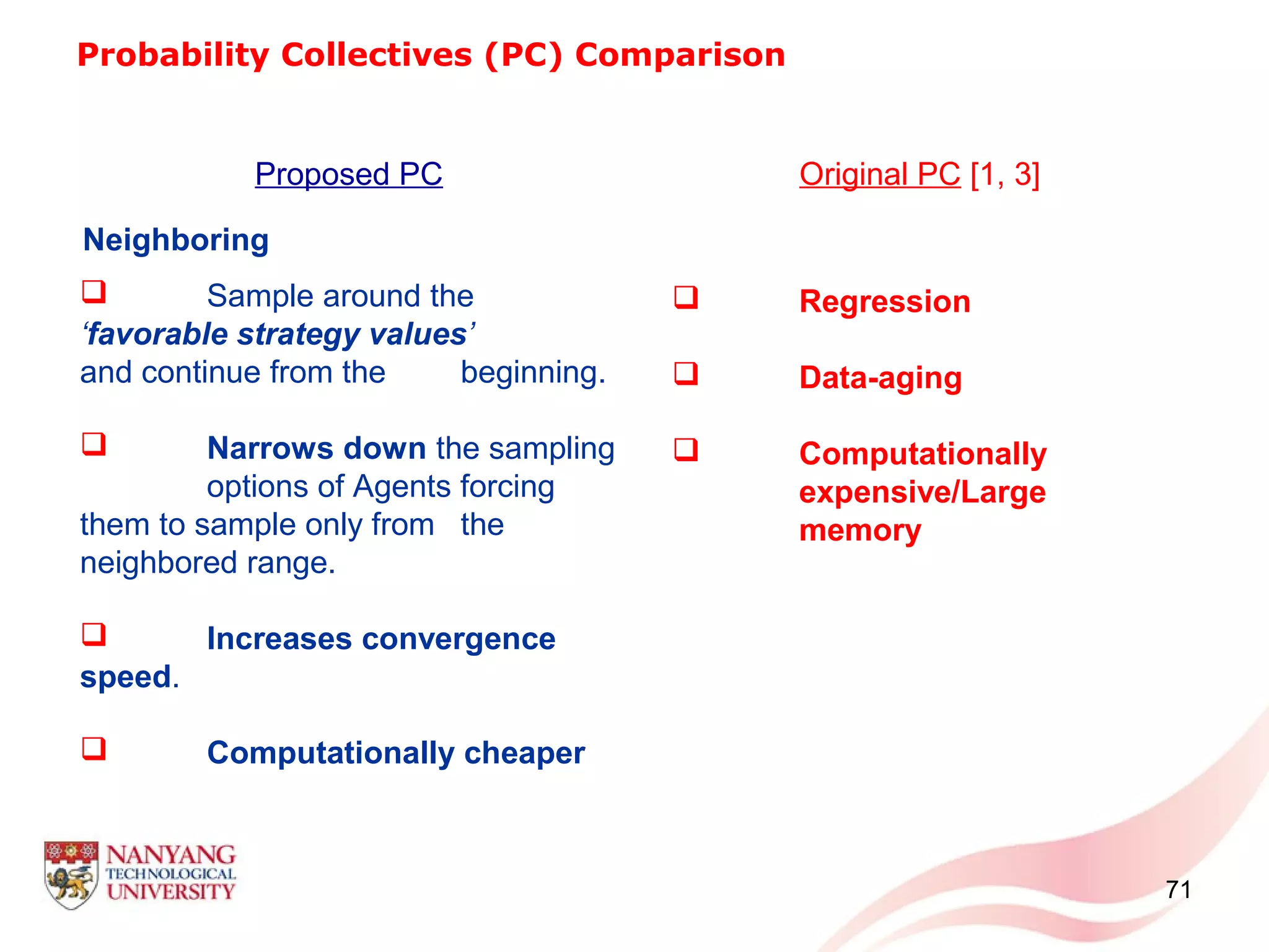 71
Probability Collectives (PC) Comparison
Proposed PC Original PC [1, 3]
Neighboring
 Sample around the
‘favorable strategy values’
and continue from the beginning.
 Narrows down the sampling
options of Agents forcing
them to sample only from the
neighbored range.
 Increases convergence
speed.
 Computationally cheaper
 Regression
 Data-aging
 Computationally
expensive/Large
memory
 