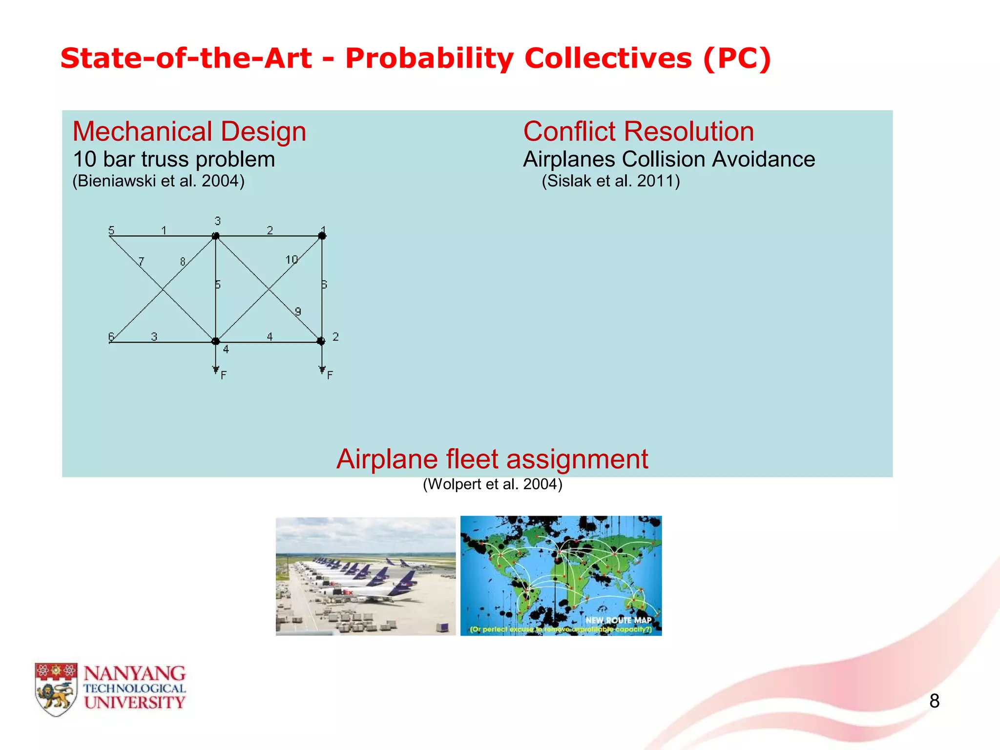 State-of-the-Art - Probability Collectives (PC)
8
Mechanical Design
10 bar truss problem
(Bieniawski et al. 2004)
Conflict Resolution
Airplanes Collision Avoidance
(Sislak et al. 2011)
Airplane fleet assignment
(Wolpert et al. 2004)
 