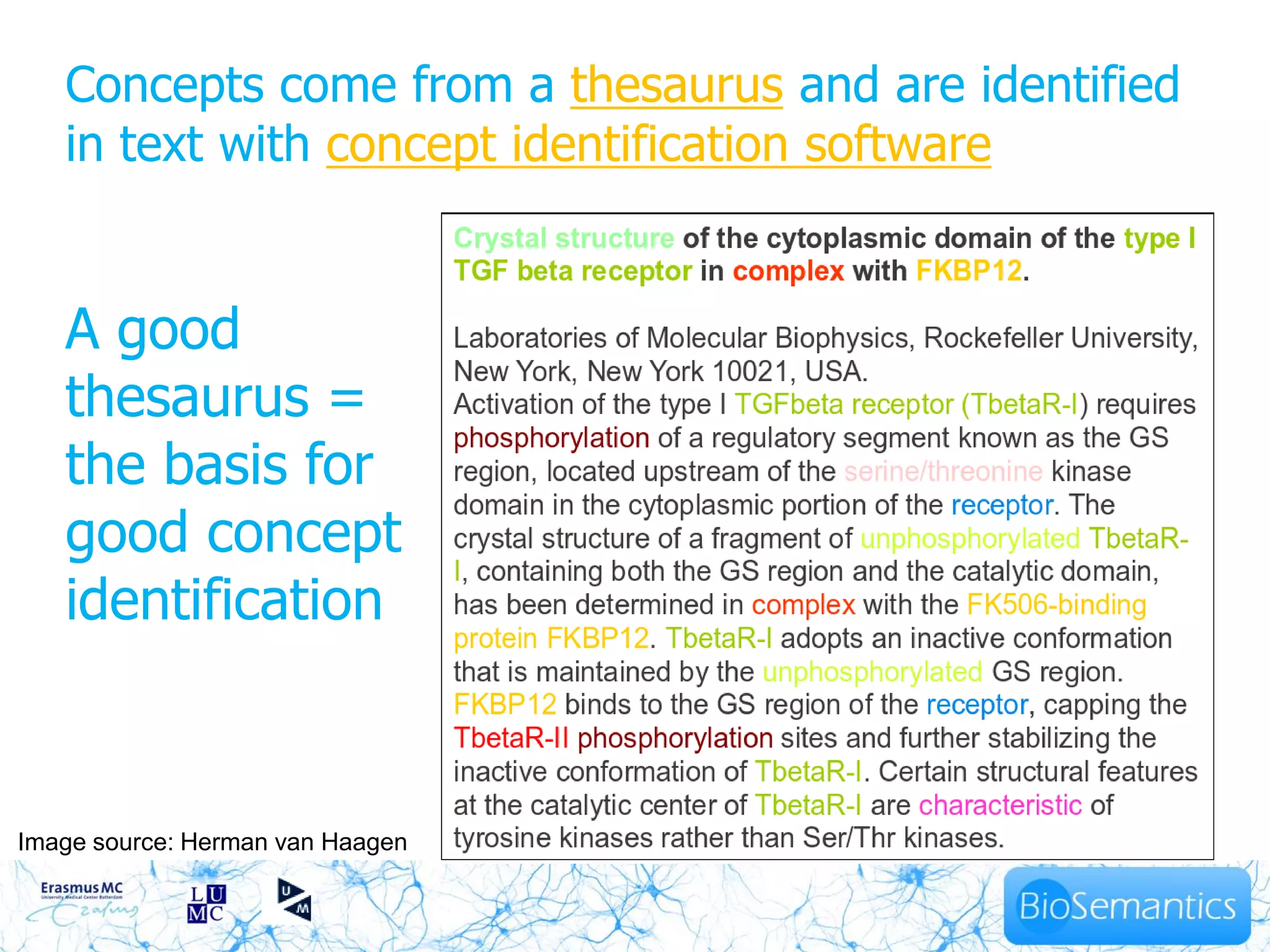 Concepts come from a thesaurus and are identified
   in text with concept identification software


   A good
   thesaurus =
   the basis for
   good concept
   identification



Image source: Herman van Haagen
 