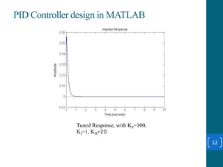 12
PID Controller design in MATLAB
Tuned Response, with KP=100,
KI=1, KD=20
 