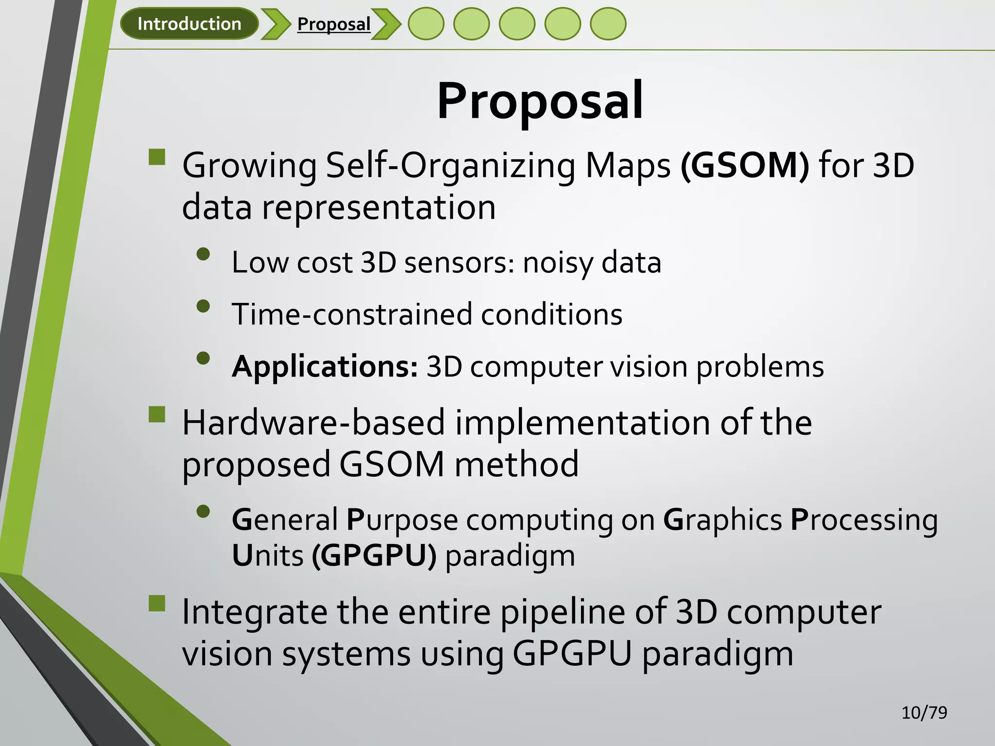 Introduction

Proposal

Proposal

 Growing Self-Organizing Maps (GSOM) for 3D
data representation

•
•
•

Low cost 3D sensors: noisy data
Time-constrained conditions
Applications: 3D computer vision problems

 Hardware-based implementation of the
proposed GSOM method

•

General Purpose computing on Graphics Processing
Units (GPGPU) paradigm

 Integrate the entire pipeline of 3D computer
vision systems using GPGPU paradigm

10/79

 