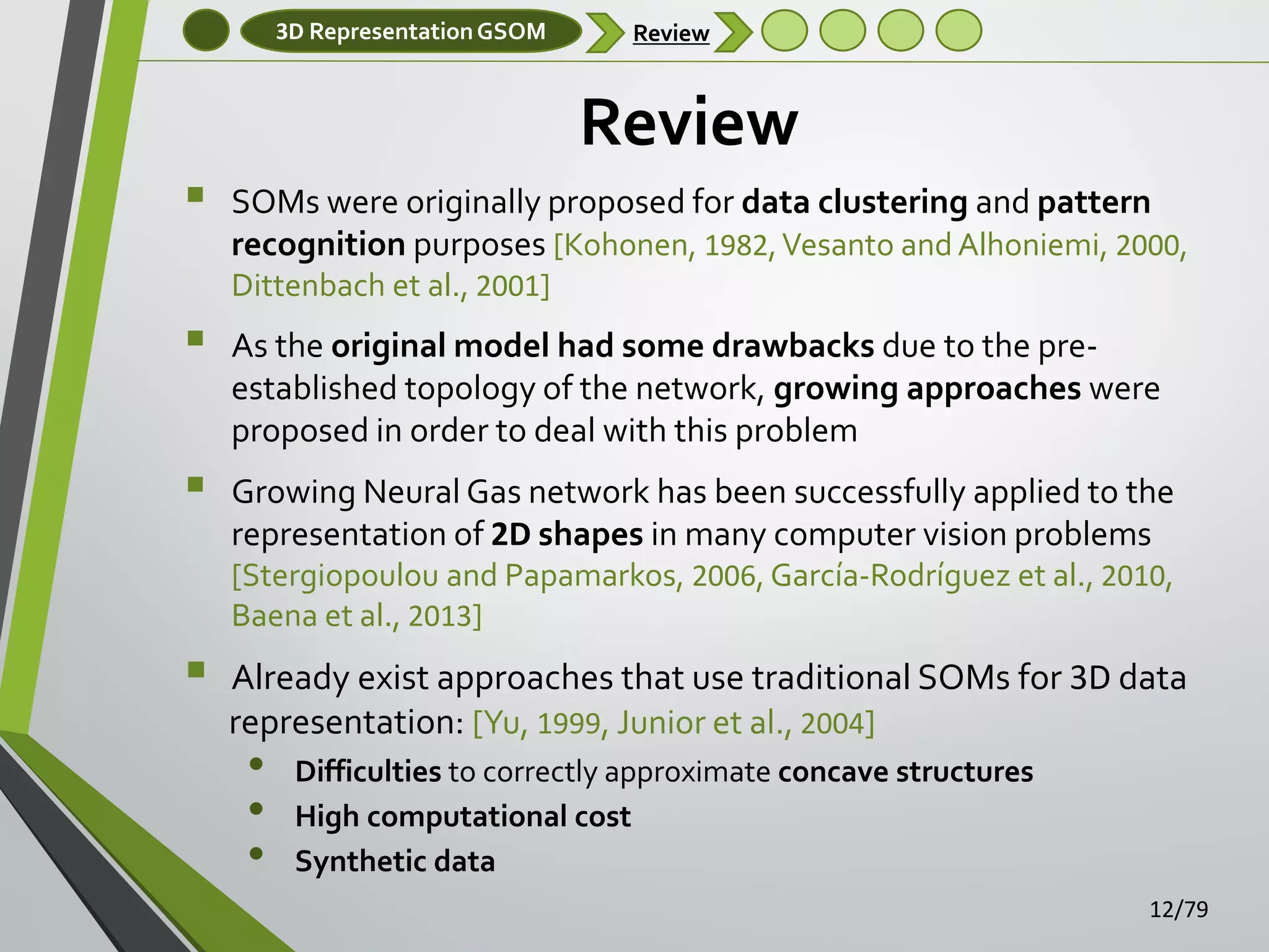 3D Representation GSOM

Review

Review


SOMs were originally proposed for data clustering and pattern
recognition purposes [Kohonen, 1982, Vesanto and Alhoniemi, 2000,
Dittenbach et al., 2001]




As the original model had some drawbacks due to the preestablished topology of the network, growing approaches were
proposed in order to deal with this problem
Growing Neural Gas network has been successfully applied to the
representation of 2D shapes in many computer vision problems
[Stergiopoulou and Papamarkos, 2006, García-Rodríguez et al., 2010,
Baena et al., 2013]



Already exist approaches that use traditional SOMs for 3D data
representation: [Yu, 1999, Junior et al., 2004]

•
•
•

Difficulties to correctly approximate concave structures
High computational cost
Synthetic data
12/79

 