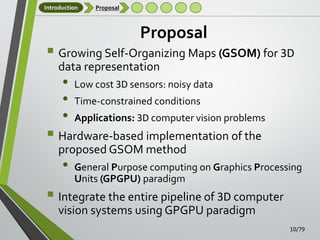 Introduction

Proposal

Proposal

 Growing Self-Organizing Maps (GSOM) for 3D
data representation

•
•
•

Low cost 3D sensors: noisy data
Time-constrained conditions
Applications: 3D computer vision problems

 Hardware-based implementation of the
proposed GSOM method

•

General Purpose computing on Graphics Processing
Units (GPGPU) paradigm

 Integrate the entire pipeline of 3D computer
vision systems using GPGPU paradigm

10/79

 