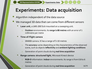 3D Representation GSOM

Experiments: Data

Experiments: Data acquisition



Algorithm independent of the data source
We managed 3D data that can come from different sensors

•

Laser unit, a LMS-200 Sick mounted on a sweeping unit.
o Outdoor environments. Its range is 80 metres with an error of 1
millimetre per metre

•

Time-of-Flight camera
o SR4000 camera. It has a range of 5-10 metres

o The accuracy varies depending on the characteristics of the observed
scene, such as objects reflectivity and ambient lighting conditions
o Generation of point clouds during real time acquisition

•

Range camera: structured light, Microsot Kinect device
o RGB-D information. Indoor environments. Its range is from 0.8 to 6
metres
o Generation of point clouds during real time acquisition

16/79

 