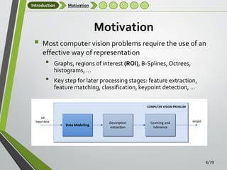Introduction

Motivation

Motivation


Most computer vision problems require the use of an
effective way of representation

•
•

Graphs, regions of interest (ROI), B-Splines, Octrees,
histograms, …
Key step for later processing stages: feature extraction,
feature matching, classification, keypoint detection, …

4/79

 
