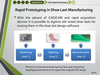 Applications

CAD: Rapid Prototyping

Rapid Prototyping in Shoe Last Manufacturing

 With

the advent of CAD/CAM and rapid acquisition
devices it is possible to digitize old raised shoe lasts for
reusing them in the shoe last design software

Process to reconstruct existing shoe lasts and computing
topology preservation error regard the original CAD design
66/79

 