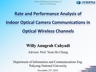 Mobile
Transmission
System Laboratory
Partial fulfillment for the Degree of
Doctor of Philosophy
Willy Anugrah Cahyadi
Advisor: Prof. Yeon Ho Chung
Department of Information and Communications Eng.
Pukyong National University
November 23th, 2018
 