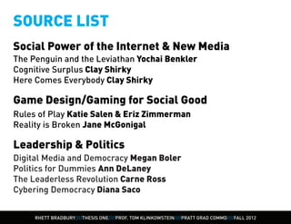 SOURCE LIST
Social Power of the Internet & New Media
The Penguin and the Leviathan Yochai Benkler
Cognitive Surplus Clay Shirky
Here Comes Everybody Clay Shirky

Game Design/Gaming for Social Good
Rules of Play Katie Salen & Eriz Zimmerman
Reality is Broken Jane McGonigal

Leadership & Politics
Digital Media and Democracy Megan Boler
Politics for Dummies Ann DeLaney
The Leaderless Revolution Carne Ross
Cybering Democracy Diana Saco


     RHETT BRADBURY////THESIS ONE////PROF. TOM KLINKOWSTEIN////PRATT GRAD COMMD////FALL 2012
 