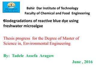Bahir Dar Institute of Technology
Faculty of Chemical and Food Engineering
.Biodegradations of reactive blue dye using
freshwater microalgae
Thesis progress for the Degree of Master of
Science in, Environmental Engineering
By: Tadele Assefa Aragaw
June , 2016
 