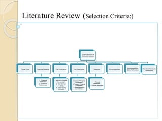 Literature Review (Selection Criteria:) 
Criteria Structure of 
Contractor Selection 
Tender Price Financial Capability 
1. Financial 
Statement 
2. Financial 
References 
Past Performance 
1. Failure to complete 
the contract 
2. Cost Overrun 
3. Delay 
4. Actual Quality 
Achieved 
Past Experience 
1. Scale of Projects 
Completed 
2. Types of Projects 
Completed 
3. Experiences in 
Local Area 
Resources 
1. Physical 
Resources. 
2. Human Resources 
Current work load 
Environmental and 
Safety Performance 
Past Client/Contractor 
Relationship 
 