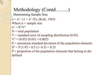 Methodology (Contd……..) 
Determining Sample Size 
n = n1 / (1 + n1 /N), (Kish, 1965) 
Where n = sample size 
n1 = S2/V2 
N = total population 
V = standard error of sampling distribution (0.05) 
V2 = (0.05) (0.05) = 0.0025 
S = maximum standard deviation of the population elements 
S2 = P (1-P) = 0.5 (1- 0.5) = 0.25 
P = proportion of the population elements that belong to the 
defined 
w 
 
AN 
 
