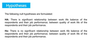 Hypotheses
The following null hypotheses are formulated:
HA: There is significant relationship between work life balance of the
respondents and their job performance; between quality of work life of the
respondents and their job performance.
Ho: There is no significant relationship between work life balance of the
respondents and their job performance; between quality of work life of the
respondents and their job performance.
 