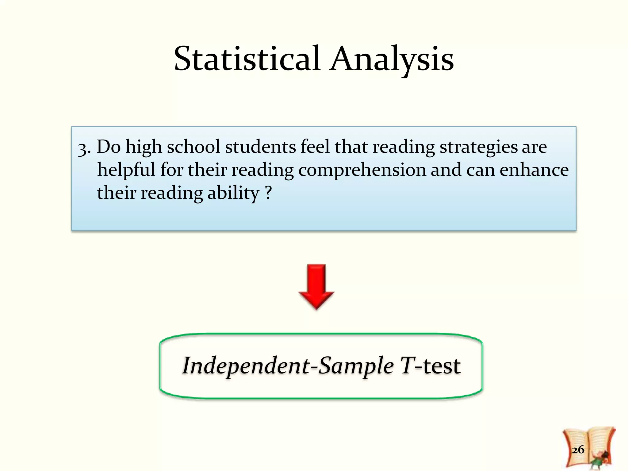 Statistical Analysis

3. Do high school students feel that reading strategies are
   helpful for their reading comprehension and can enhance
   their reading ability ?




            Independent-Sample T-test


                                                              26
 