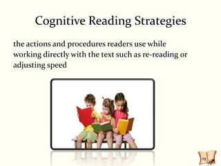 Cognitive Reading Strategies
the actions and procedures readers use while
working directly with the text such as re-reading or
adjusting speed




                                                       13
 