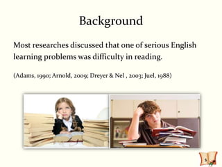 Background
Most researches discussed that one of serious English
learning problems was difficulty in reading.

(Adams, 1990; Arnold, 2009; Dreyer & Nel , 2003; Juel, 1988)




                                                               5
 