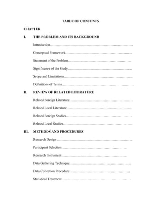 TABLE OF CONTENTS

CHAPTER

I.     THE PROBLEM AND ITS BACKGROUND

       Introduction…………………………………………………..……...……

       Conceptual Framework……………………….…………………..….…..

       Statement of the Problem………….…………….……………….……...

       Significance of the Study……………………..…….………..........……..

       Scope and Limitations………………………………...……….………....

       Definitions of Terms……………………………………….….…….…….

II.    REVIEW OF RELATED LITERATURE

       Related Foreign Literature………………………………………..…....…

       Related Local Literature…………………………………..……..….…...

       Related Foreign Studies………………………………………..……...…

       Related Local Studies………………………………………………..…...

III.   METHODS AND PROCEDURES

       Research Design ………………….……………………………….……..

       Participant Selection…………….……………………………….…..

       Research Instrument…………….……………………………….…..

       Data Gathering Technique…………………..………….…………….…

       Data Collection Procedure…………………..………….………………

       Statistical Treatment…….…………………..………….……….………
 