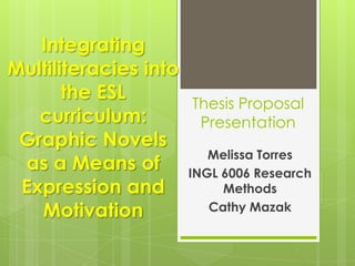 Integrating
Multiliteracies into
       the ESL
                     Thesis Proposal
   curriculum:        Presentation
 Graphic Novels
                       Melissa Torres
 as a Means of INGL 6006 Research
 Expression and          Methods
   Motivation          Cathy Mazak
 