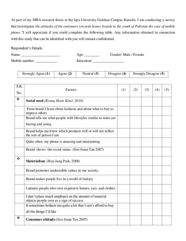 Format of thesis questionnaire