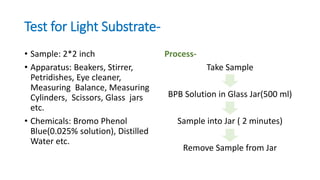 Test for Light Substrate-
• Sample: 2*2 inch
• Apparatus: Beakers, Stirrer,
Petridishes, Eye cleaner,
Measuring Balance, Measuring
Cylinders, Scissors, Glass jars
etc.
• Chemicals: Bromo Phenol
Blue(0.025% solution), Distilled
Water etc.
Process-
Take Sample
BPB Solution in Glass Jar(500 ml)
Sample into Jar ( 2 minutes)
Remove Sample from Jar
 