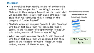 Discussion-
• It is concluded from testing results of antimicrobial
activity that sample like 1 has 0.5 g/L amount of
Chitosan in their recipes. Amount was less and when
we compare their results with given BPB color Test
Scale then we concluded that It comes in the
category of “Under Treated”.
• Similarly when we compare Sample 2 with Standard
BPB Color Test Scale then we concluded that it
comes in the category of “Slightly Under Treated”. In
this recipe, amount of Chitosan was 0.75 g/L.
• When we again compare Sample 3 with Standard
BPB Color Test Scale then we concluded that they
come in the category of “Good Treated”. In these
recipes, amount of Chitosan was 1 g/L.
BPB Color Test
Scale
 