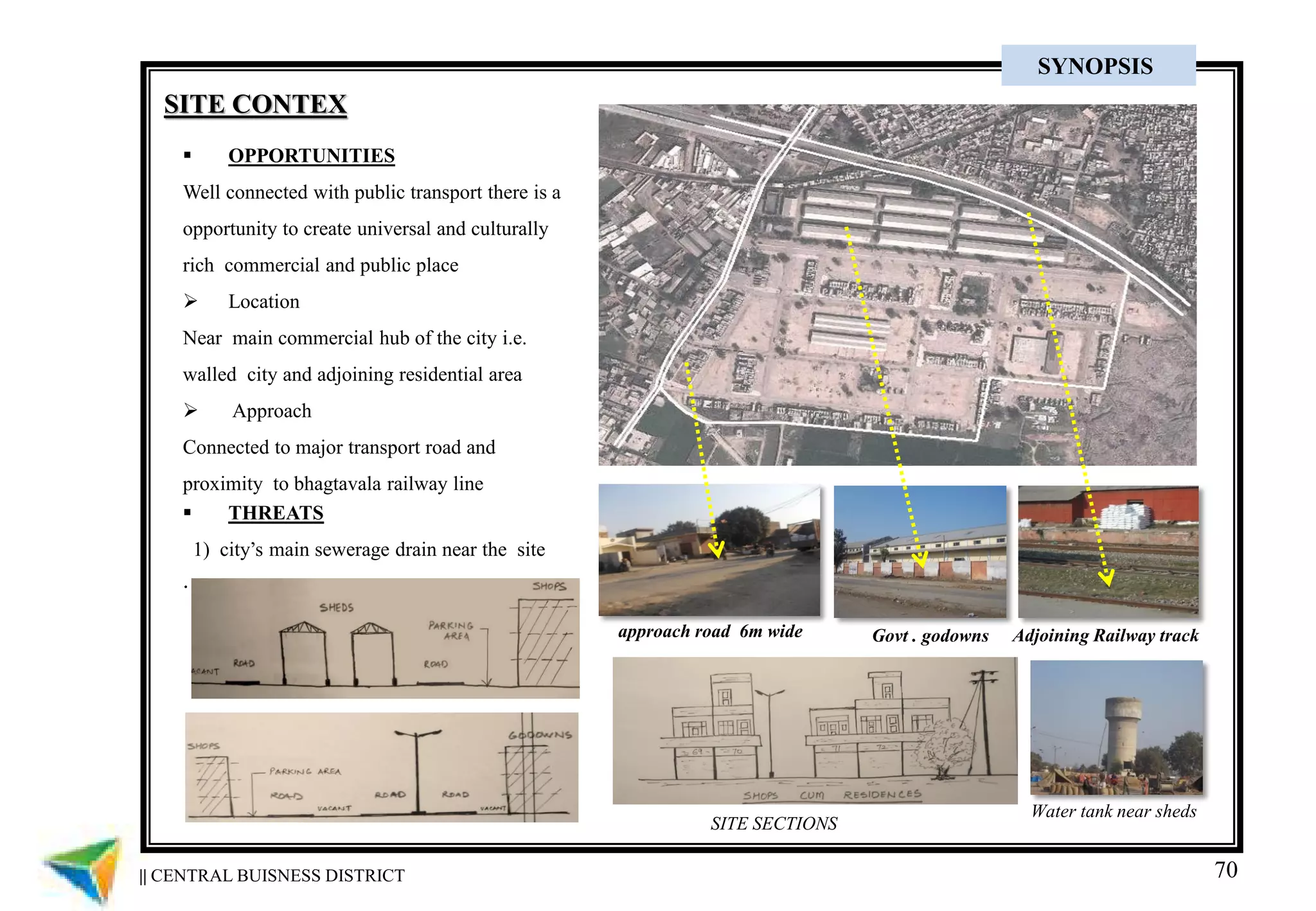 70
approach road 6m wide Adjoining Railway track
Water tank near sheds
Govt . godowns
 OPPORTUNITIES
Well connected with public transport there is a
opportunity to create universal and culturally
rich commercial and public place
 Location
Near main commercial hub of the city i.e.
walled city and adjoining residential area
 Approach
Connected to major transport road and
proximity to bhagtavala railway line
 THREATS
1) city’s main sewerage drain near the site
.
SITE SECTIONS
SITE CONTEX
|| CENTRAL BUISNESS DISTRICT
SYNOPSIS
 