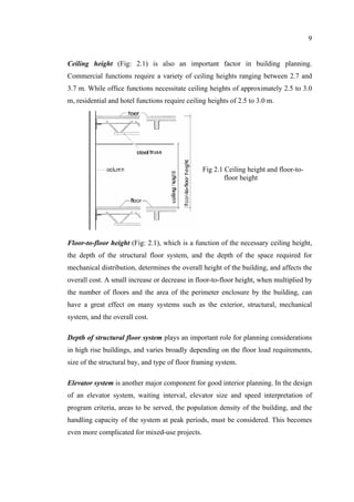 9
Ceiling height (Fig: 2.1) is also an important factor in building planning.
Commercial functions require a variety of ceiling heights ranging between 2.7 and
3.7 m. While office functions necessitate ceiling heights of approximately 2.5 to 3.0
m, residential and hotel functions require ceiling heights of 2.5 to 3.0 m.
Floor-to-floor height (Fig: 2.1), which is a function of the necessary ceiling height,
the depth of the structural floor system, and the depth of the space required for
mechanical distribution, determines the overall height of the building, and affects the
overall cost. A small increase or decrease in floor-to-floor height, when multiplied by
the number of floors and the area of the perimeter enclosure by the building, can
have a great effect on many systems such as the exterior, structural, mechanical
system, and the overall cost.
Depth of structural floor system plays an important role for planning considerations
in high rise buildings, and varies broadly depending on the floor load requirements,
size of the structural bay, and type of floor framing system.
Elevator system is another major component for good interior planning. In the design
of an elevator system, waiting interval, elevator size and speed interpretation of
program criteria, areas to be served, the population density of the building, and the
handling capacity of the system at peak periods, must be considered. This becomes
even more complicated for mixed-use projects.
Fig 2.1 Ceiling height and floor-to-
floor height
 
